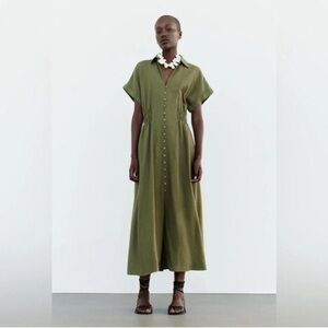ZARA Dress Midi Shirt Wooden Button Down Olive Green Johnny Collar Elastic Waist